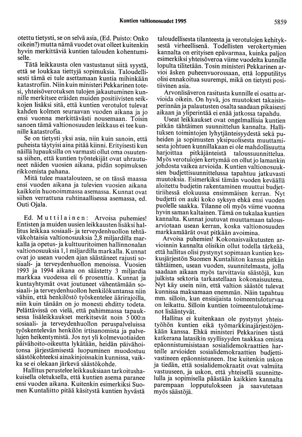 Kuntien valtionosuudet 1995 5859 otettu tietysti, se on selvä asia, (Ed. Puisto: Onko oikein?) mutta nämä vuodet ovat olleet kuitenkin hyvin merkittäviä kuntien talouden kohentumiselle.