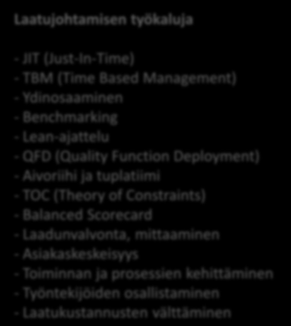 Teoreettinen viitekehys Laatujohtaminen Johtamismalli, jossa laatua pyritään hallitsemaan ja johtamaan strategisesti Sisältää useita erilaisia johtamisen työkaluja Täsmällisyysjohtamismallin