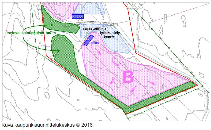 Ympäristölautakunta 09.03.2017 Sivu 8 / 8 Kuva 2. Louhinnan osa-alue B, louhinnan 1. vaihe Louhinta siirtyy seuraavaksi osa-alueelle A, jonka pinta-ala 8,5 ha.