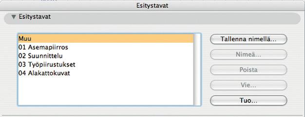 Nämä asetukset vaikuttavat malli ikkunoihin. Esitystavat ovat siis piirustussisällön määrittämisen väline, samoin kuin tasoyhdistelmä, mittakaava ja näytön suurennos. 2.1.