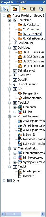 KO. - 31 kata kunkin työkalun tietoikkunan sisältämiä asetuksia ja niiden järjestystä. Jos elementtejä on valittuna, näyttää ikkuna valittujen elementtien tietoja.