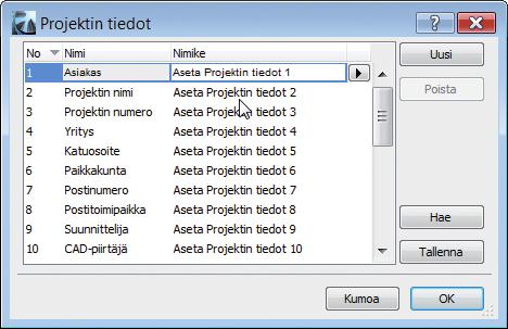 Automaattitekstin avulla tekstin joukkoon voi lisätä automaattisesti päivittyviä tietoja Arkisto Tiedot Projektin tiedot (esimerkiksi projektin nimi, osoitetiedot ja suunnittelija), planssiin tai