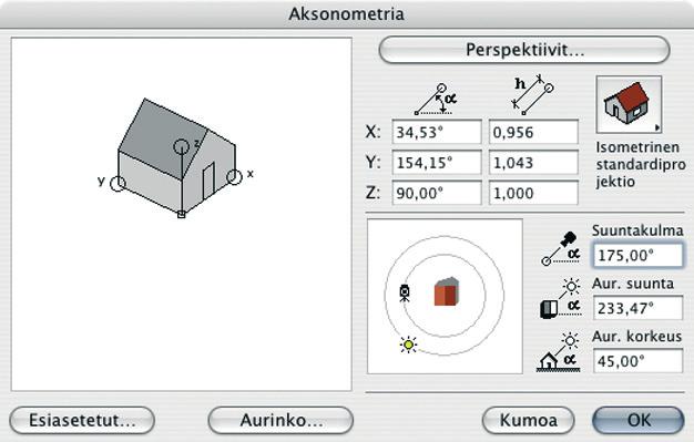 KO. - 7 Esikatselukuvassa näkyvät myös katselupiste (katsojan silmä eli kamera), kohdepiste, aurinko ja näkökartio paksummalla viivalla.