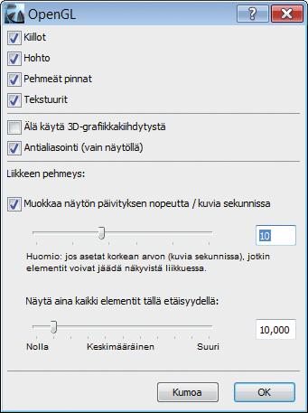 5 3D-ikkuna-asetukset Kohdassa Näkymä 3D-näkymän tyyppi 3D-ikkuna-asetukset... säädetään 3D-näkymän asetukset. Ylimpänä valitaan 3D-moottori.