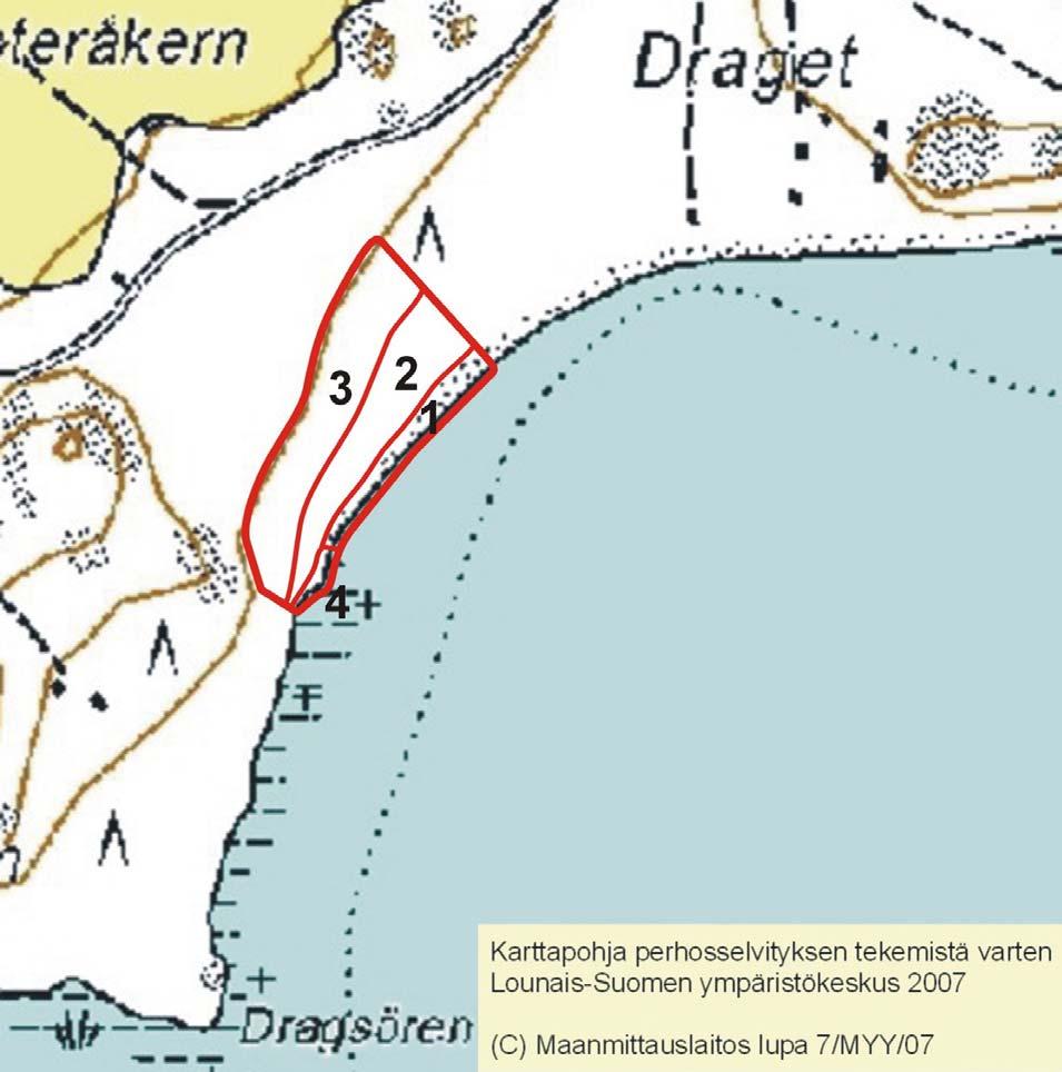 Sandön perhosselvityksiä 2008 ja Dragetin hoitosuunnitelma 23 Koealan kaakkoisosan ruovikon ja puustoisen rannan välinen n. 5 m leveä kaistale. Osa-alueella kasvaa mm. runsaasti merinätkelmää.