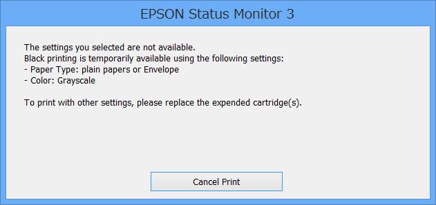 Väliaikainen tulostaminen mustalla musteella: Windows 1. Jos seuraava ikkuna tulee näytölle, peruuta tulostaminen.