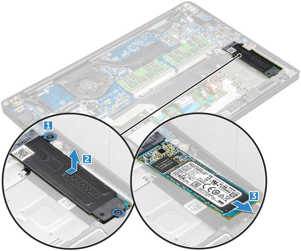 PCIe SSD -kortin asettaminen 1 Aseta PCIe SSD -kortti liittimeen. 2 Aseta SSD-kiinnike PCIe SSD -kortin päälle.