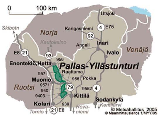 2 Kävijätutkimuksen toteutus 2.1 Alueen kuvaus Kansallispuiston pinta-ala jakautuu Enontekiön (30,4 %), Muonion (33,9 %), Kittilän (33,5 %) ja Kolarin (2,6 %) alueelle (kuva 1).