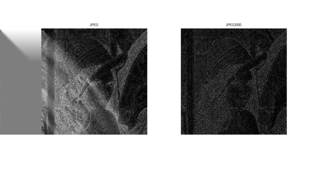 2. JPEG- ja JPEG2000-kuvaformaatit 10 komennon avulla JPEG- ja JPEG2000-kuvaformaattiin. Molempien kuvien koko on 9kB pakattuna.