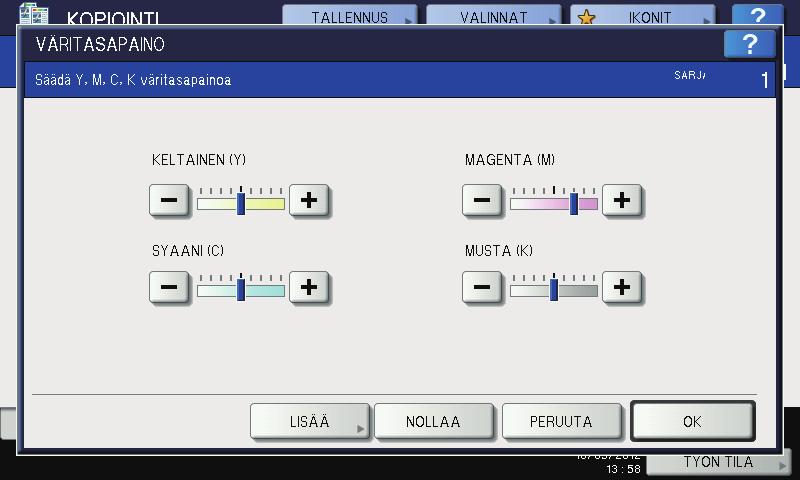 5 KUVAN SÄÄTÖ Kuvansäätötoimintojen käyttö Väritasapaino (YMCK-säätö) Tämän toiminnon avulla voit säätää kopioidun kuvan kokonaisväritasapainoa muuttamalla KELTAISEN (Y), MAGENTAN (M), SYAANIN (C) ja