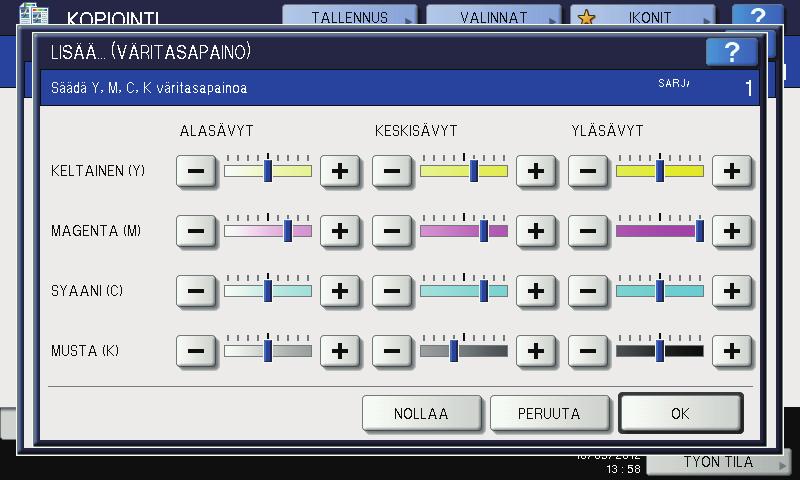 5 KUVAN SÄÄTÖ 3 Paina jokaisen tummuusalueen kohdalla tai ja säädä väritasapaino sopivaksi. Kun esim. säädät magentan (M) korkeaa tummuusaluetta tummuusalueella tummemmaksi.