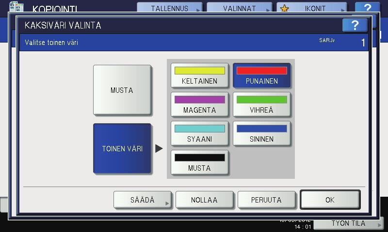 5 KUVAN SÄÄTÖ Paina [KAKSIVÄRIVALINTA]. 3 Valitse väri osille, jotka eivät ole alkuperäisessä mustia. ) Paina [TOINEN VÄRI]. ) Valitse väri.