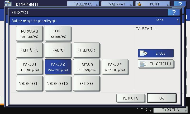 KOPIOINTI 5 Paina [PAPERITYYPPI], ellei ohisyöttötasolle asettamasi paperi ole normaalipaperia. 6 Valitse paperityyppi. ) Valitse paperityyppi.
