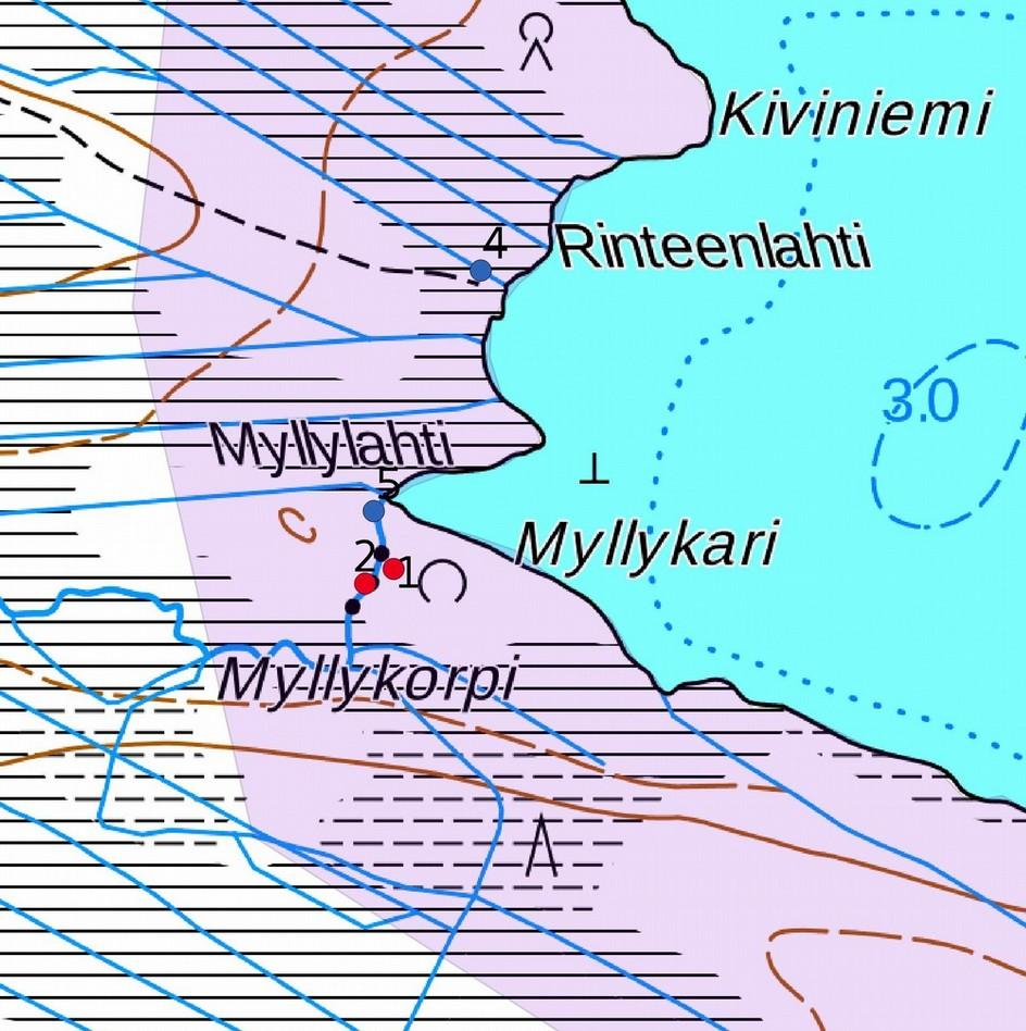 4 Kohteet, ja 4,5. Muinaisjäännöskohteet punaisena pisteenä, kulttuuriperintökohteet sinisenä pisteenä. Maanmittauslaitoksen peruskarttarasteri :0 000, 8/06, mk n. : 50