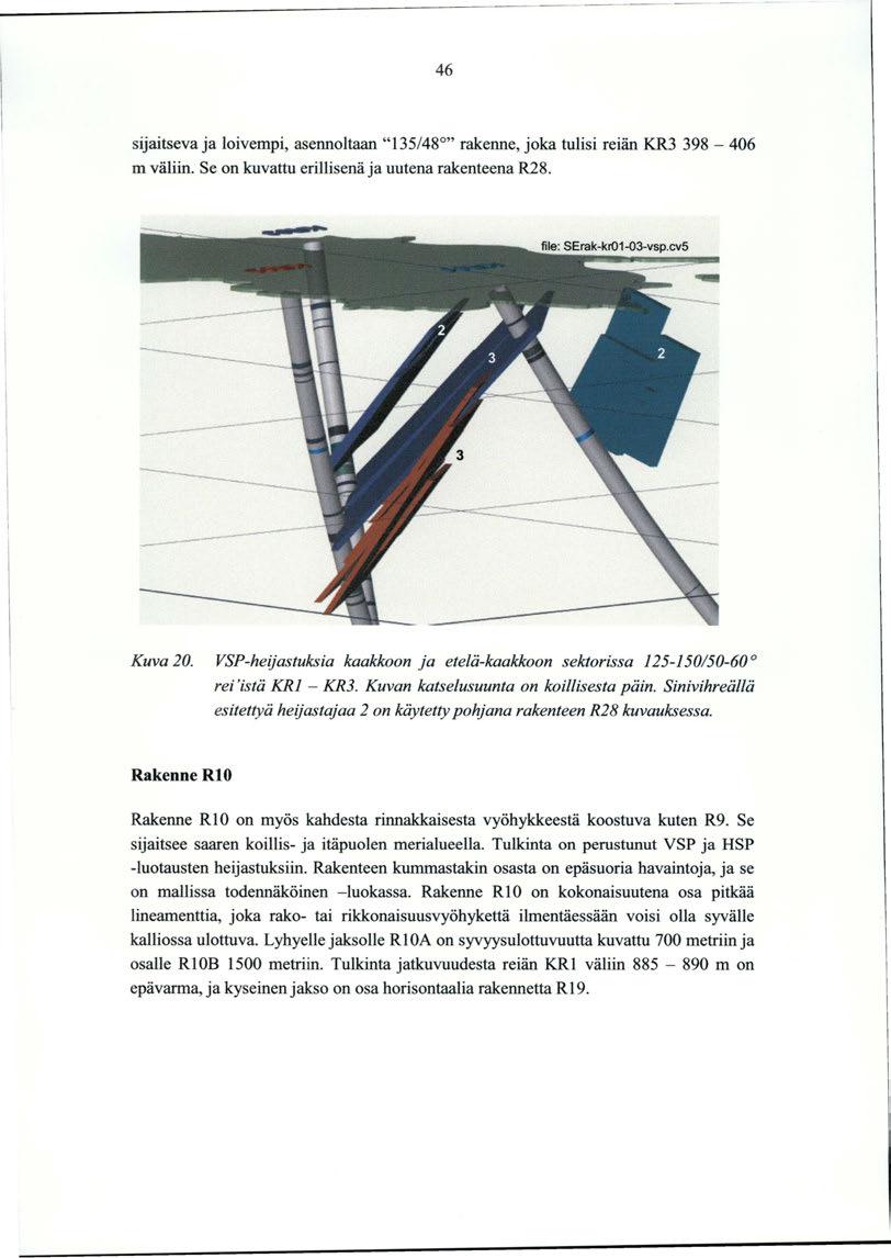 ----- - ------------- ----- 46 sijaitseva ja loivempi, asennoltaan "135/48 " rakenne, joka tulisi reiän KR3 398-406 m väliin. Se on kuvattu erillisenä ja uutena rakenteena R28. Kuva 20.