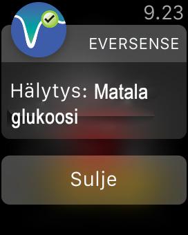 mobiililaitteen Apple Watch asetuksissa, saat Eversense App vilkaisunäkymän näkyviin Apple Watch laitteessa yksinkertaisesti pyyhkäisemmällä ylöspäin