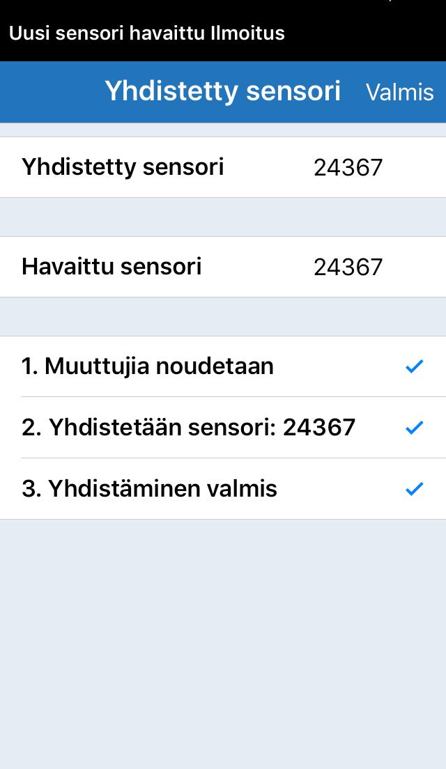 : Voi kestää enimmillään 5 minuuttia ennen kuin Uusi sensori havaittu -ilmoitus tulee näyttöön.