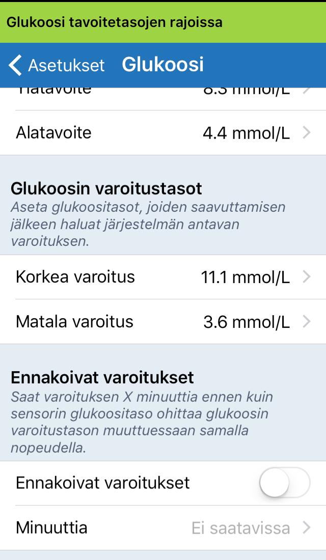 Napauta Glukoosin varoitustasot kohdassa Korkea varoitus ja valitse