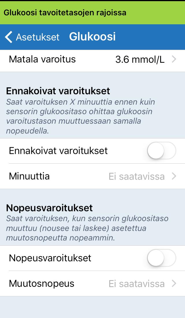 1. Toiminnon laittamiseksi päälle napauta Valikko > Asetukset > Glukoosi, jotta