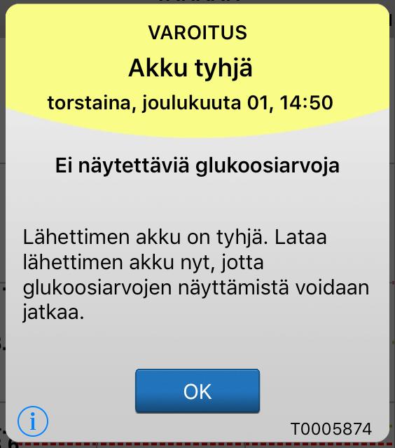 Varoitusten kuvaukset ja vaaditut toimenpiteet (jatkuu) Varoitukset Kuvaus Toiminnot Näytön viesti Akku tyhjä* Tulee näkyviin, kun älylähettimen akku on tyhjä ja täytyy ladata.