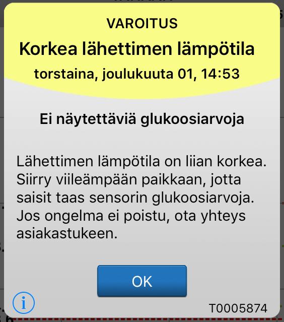 Varoitusten kuvaukset ja vaaditut toimenpiteet (jatkuu) Varoitukset Näytön viesti Kuvaus Toiminnot Korkea älylähettimen lämpötila* Tulee näkyviin 20 minuutin välein, kun älylähettimen lämpötila on