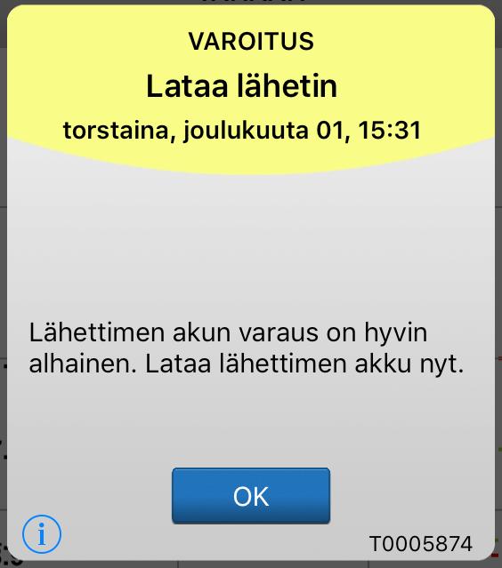 Varoitusten kuvaukset ja vaaditut toimenpiteet (jatkuu) Varoitukset Näytön viesti Kuvaus Lataa älylähetin Tulee näkyviin, kun älylähettimen akun varaus on hyvin alhainen ja sinun on ladattava akku