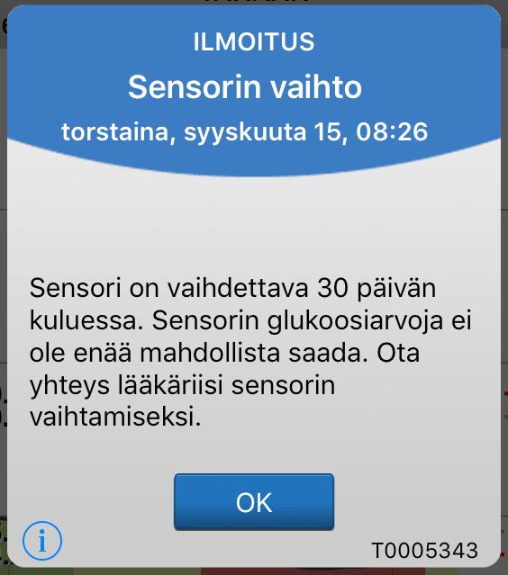 Varoitusten kuvaukset ja vaaditut toimenpiteet (jatkuu) Ilmoitukset Näytön viesti Kuvaus Sensorin vaihto Tulee näkyviin muistutuksena sensorin vaihtotarpeesta 30, 14, seitsemän, kolme ja kaksi