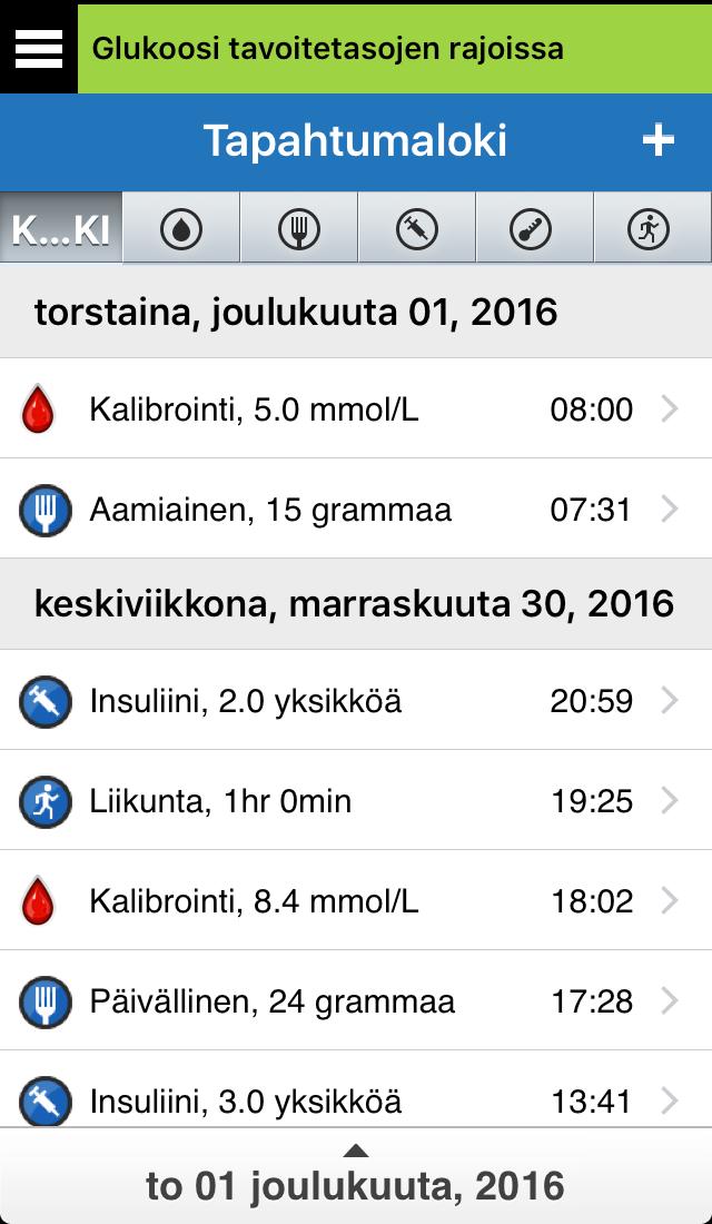 10. Tapahtumaloki Tässä luvussa neuvotaan, kuinka voit katsella tapahtumalokia ja lisätä tapahtumia lokiin ja seurata siten glukoositasojesi käyttäytymistä tarkemmin.