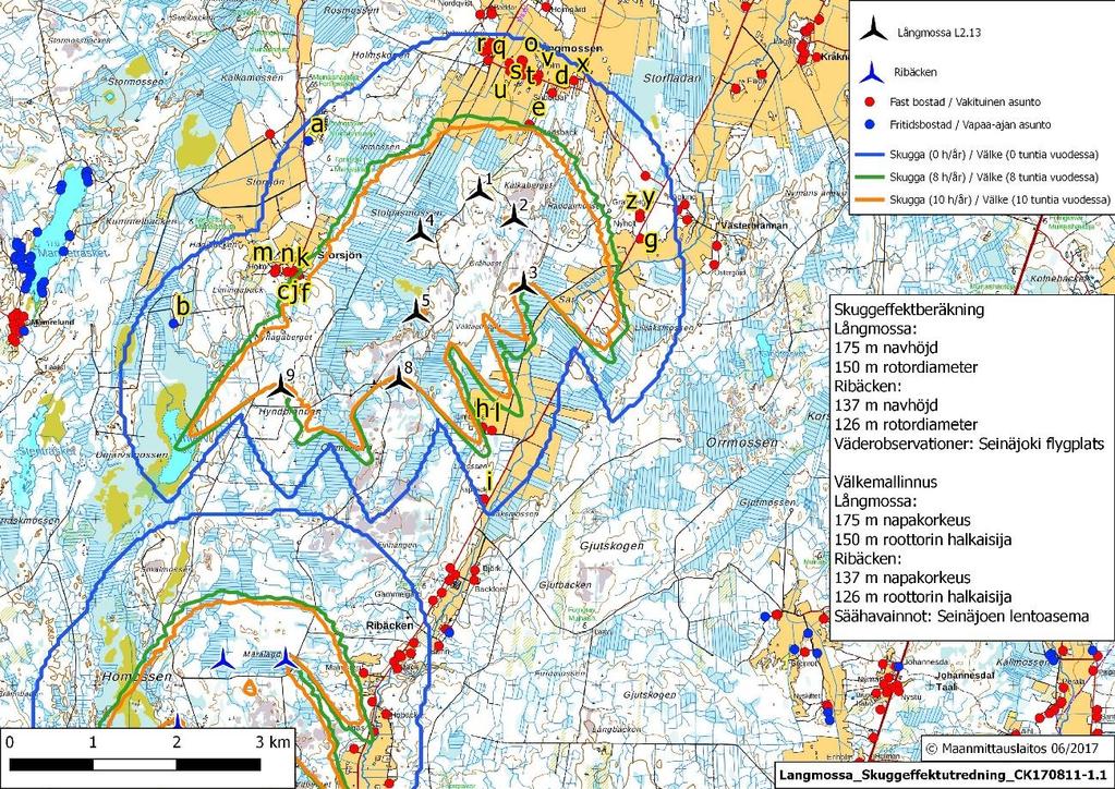 2 Långmossan ja Ribäckenin yhteisvaikutukset Seuraavassa kuvassa on Långmossan ja Ribäckenin voimaloiden välkemallinnuksen yhteisvaikutusten tulokset. Kuva 5.