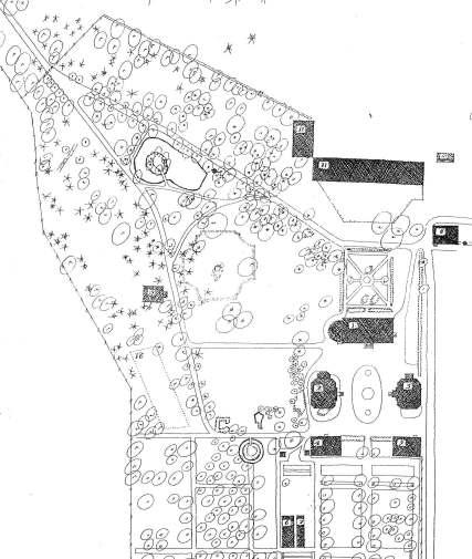 Yksityiskohta vuoden 1920 mittapiirroksesta. Kartta antaa tarkan kuvan puiston puustosta, käytävistä ja rakenteista.