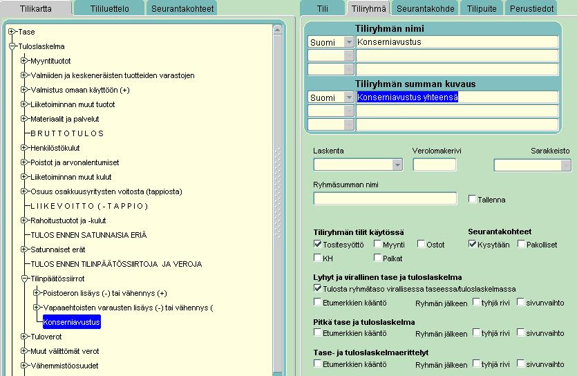 3) Annetaan tiliryhmän nimi sekä tiliryhmän summan kuvaus. Tallennetaan muutokset.