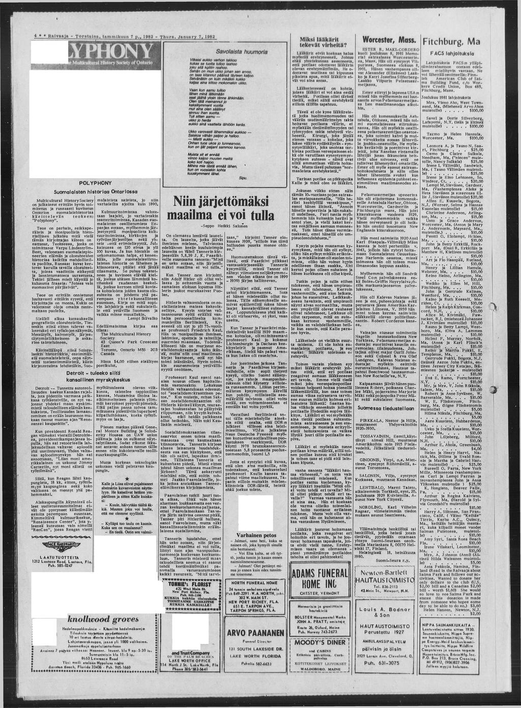 4 Rivj - T o r i, m mik 7 p. 1982 - T h r. ry 7, 1982 Y H O N Y 4m m ik i l ä ä k ä r i k v ä v irh iä? S v o l i h m o r i L ä ä k ä ri ivä kok hl m yöää rh y ä.