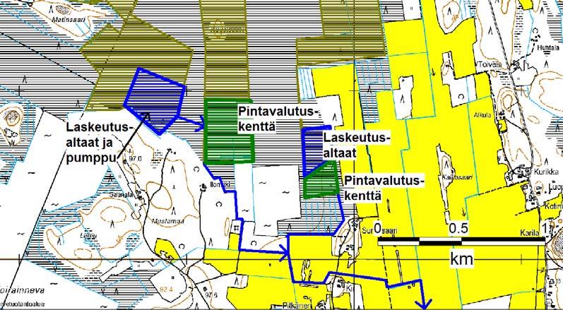 1-vaihtoehdon mukaisessa suunnitelmassa tuotantoalueen kuivatusvedet pumpataan ympärivuotisesti kahdelle pintavalutuskentälle, josta vedet johdetaan