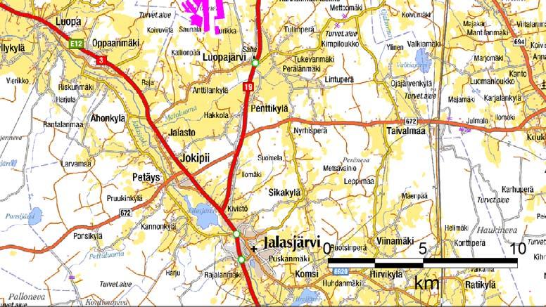 kaakkoon. Alue sijoittuu peruskartta-lehdelle nro 2221 06. Kyrön-Koirainnevan suunnitellusta turvetuotantoalueesta käytetään tästä eteenpäin nimitystä hankealue.