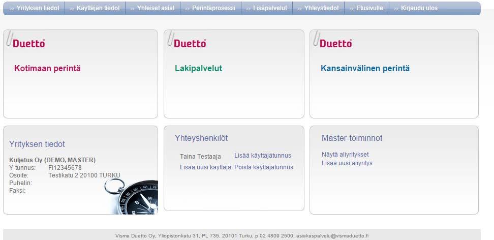 4.3.1 Uuden aliyrityksen lisääminen asiakasliittymästä Asiakasliittymässä siirrytään Duetto-otsikon vieressä sijaitsevan nuolivalikon