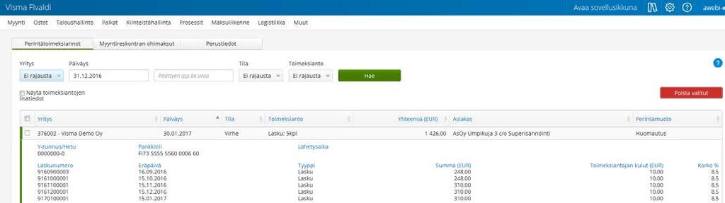 5 Perintätoimeksiantojen selailu ja peruminen Perintätoimeksiannot siirtyvät lähetykseen Web-sovellukseen Visma Duetto, jossa toimeksiantoja voidaan selailla tai perua.