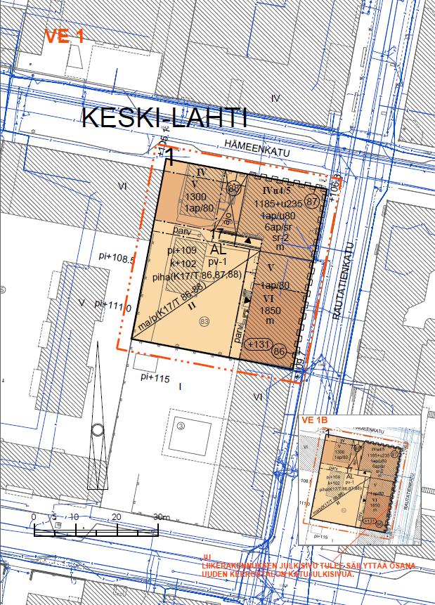 VE1A+B jatkaa ruutukaavan umpikortteliperinnettä, hakemuksen mukainen Puutalon paikalla IV krs uudisrakennus Kulmarakennus säilyy I krs liiketilan paikalla Vu2/3 uudisrakennus yhteensä 4 570