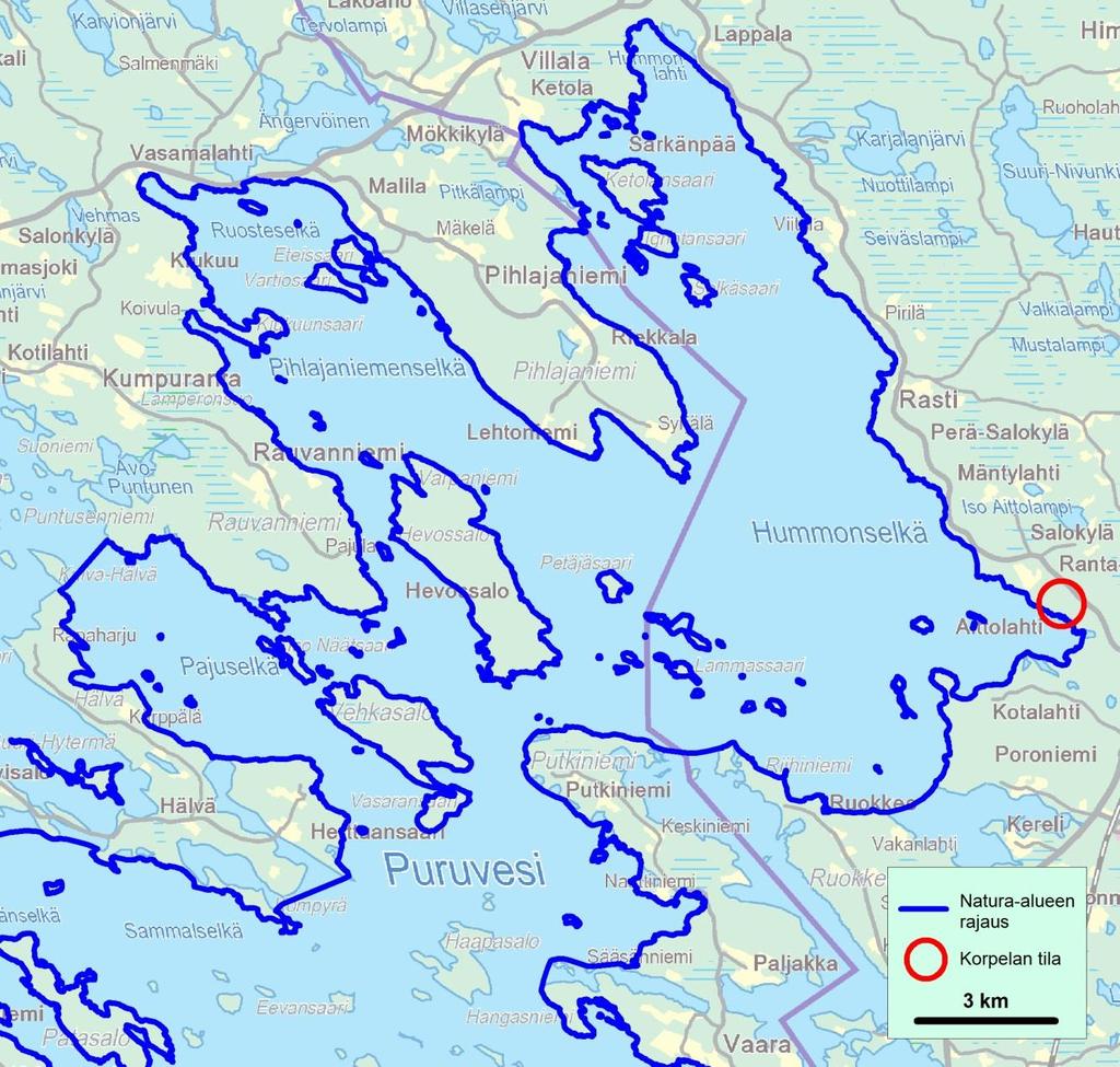 Sivu 2/7 TOIMI Kartta 1. Puruveden Natura-alueen pohjoisosa ja Korpelan tilan sijainti.