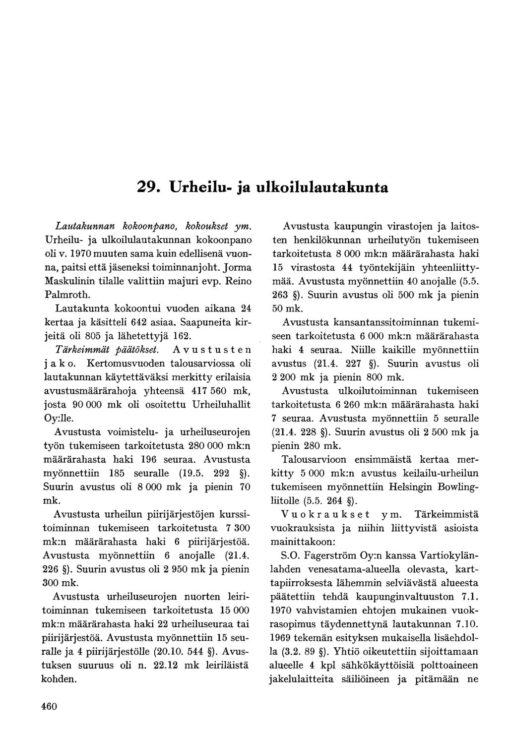 Lautakunnan kokoonpano, kokoukset ym. Urheilu- ja ulkoilulautakunnan kokoonpano oli v. 1970 muuten sama kuin edellisenä vuonna, paitsi että jäseneksi toiminnanjoht.