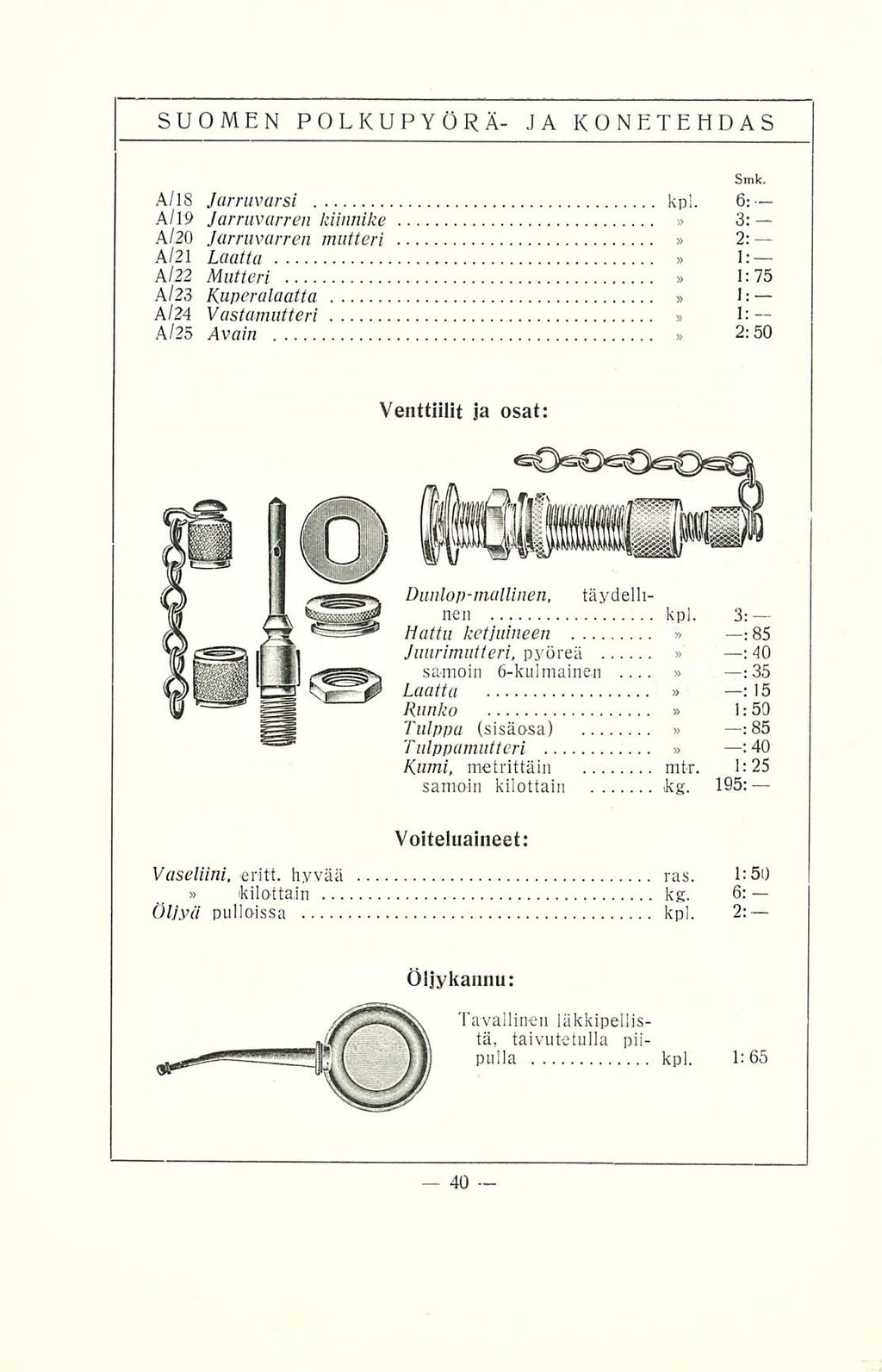A/18 Jarruvarsi kpl. 6: A/19 Jarruvarren kiinnike 3: A/.20 Jarruvarren mutteri 2: A/21 Laatta 1: A 122 Mutteri 1: 75 A/23 Kuperalaatta I: A/24 Vastamutteri I:-- A/25 Avain 2:50 Smk.