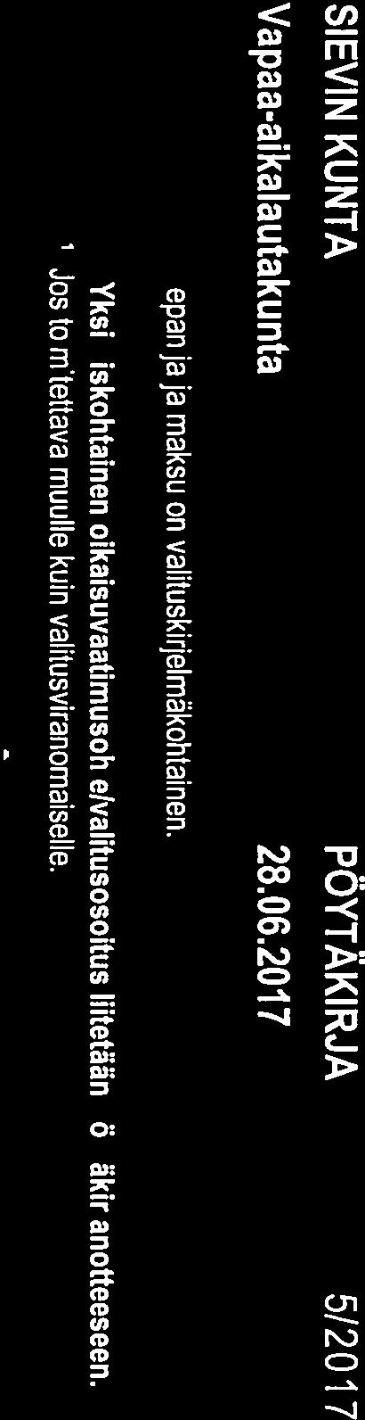 SIEVINKUNTA PÖYTÄKIRJA 5/2017 Sivu 10 Vapaa-aikalautakunta 28.06.2017 lepanija ja maksu on valituskirjelmäkohtainen.