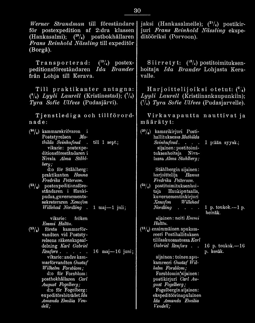 (23/J postexpeditionsföreståndaren i Haukipudas, guvernementssekreteraren Xenofon Willehad Nordling. 1 maj 1 juli; vikarie: fröken Fhnmi Halttu.