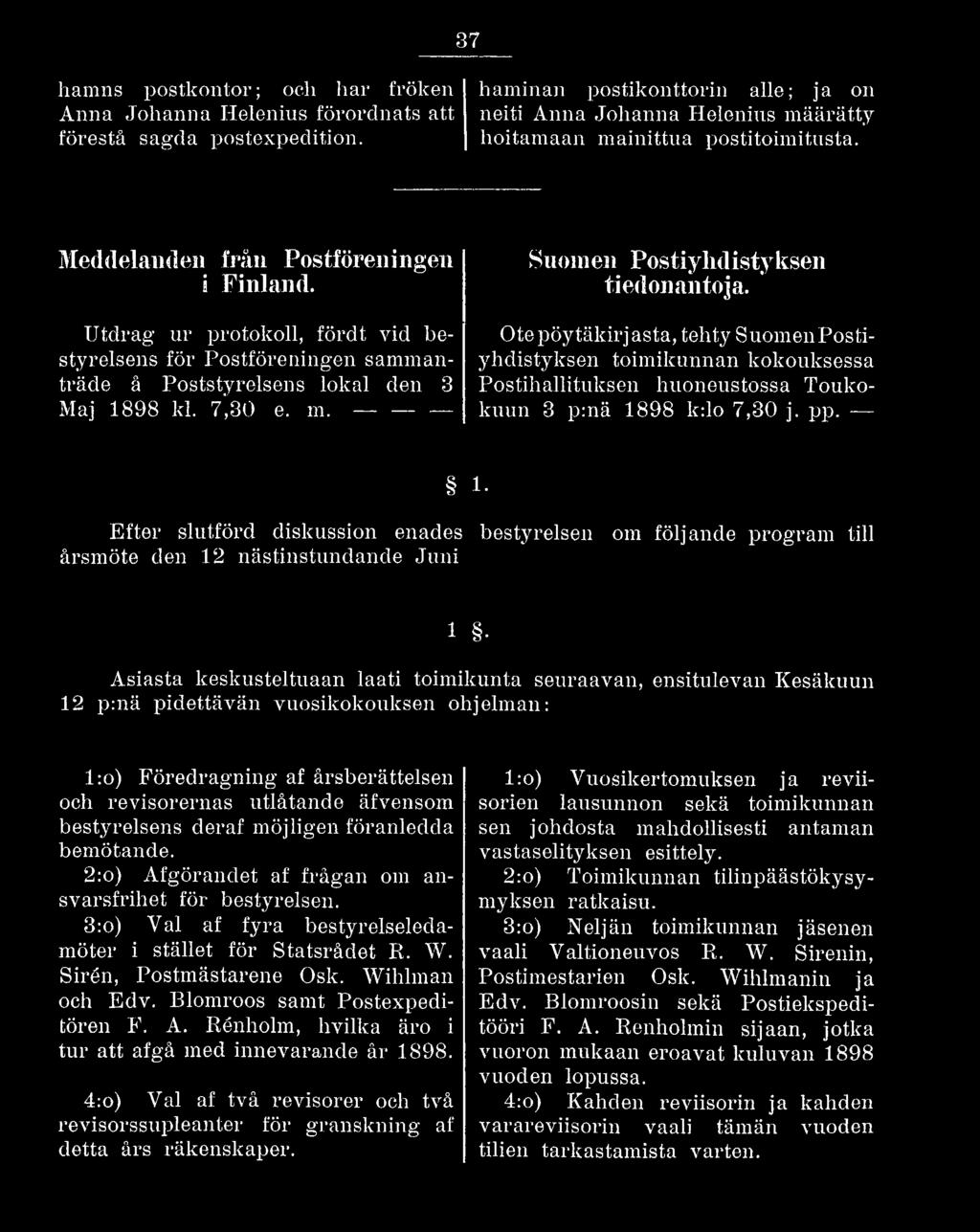 Utdrag ur protokoll, fördt vid bestyrelsens för Postföreningen sammanträde å Poststyrelsens lokal den 3 Maj 1898 kl. 7,30 e. m. - Suomen Postiyhdistyksen tiedonantoja.