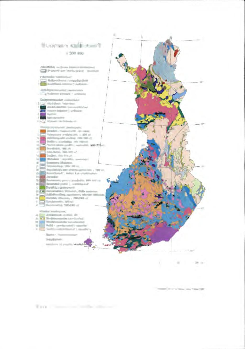 8 Suomen kallioperä 1:5 000 000 Kaledoniidien vuonjonoon kuuluvat muodostumat: 1 - Eri alkuperii olevia &uskeita, gneissajl jl intrusivikivil Paleotsooiset muodostumat: 2 - Alklicivel (livaara) ja