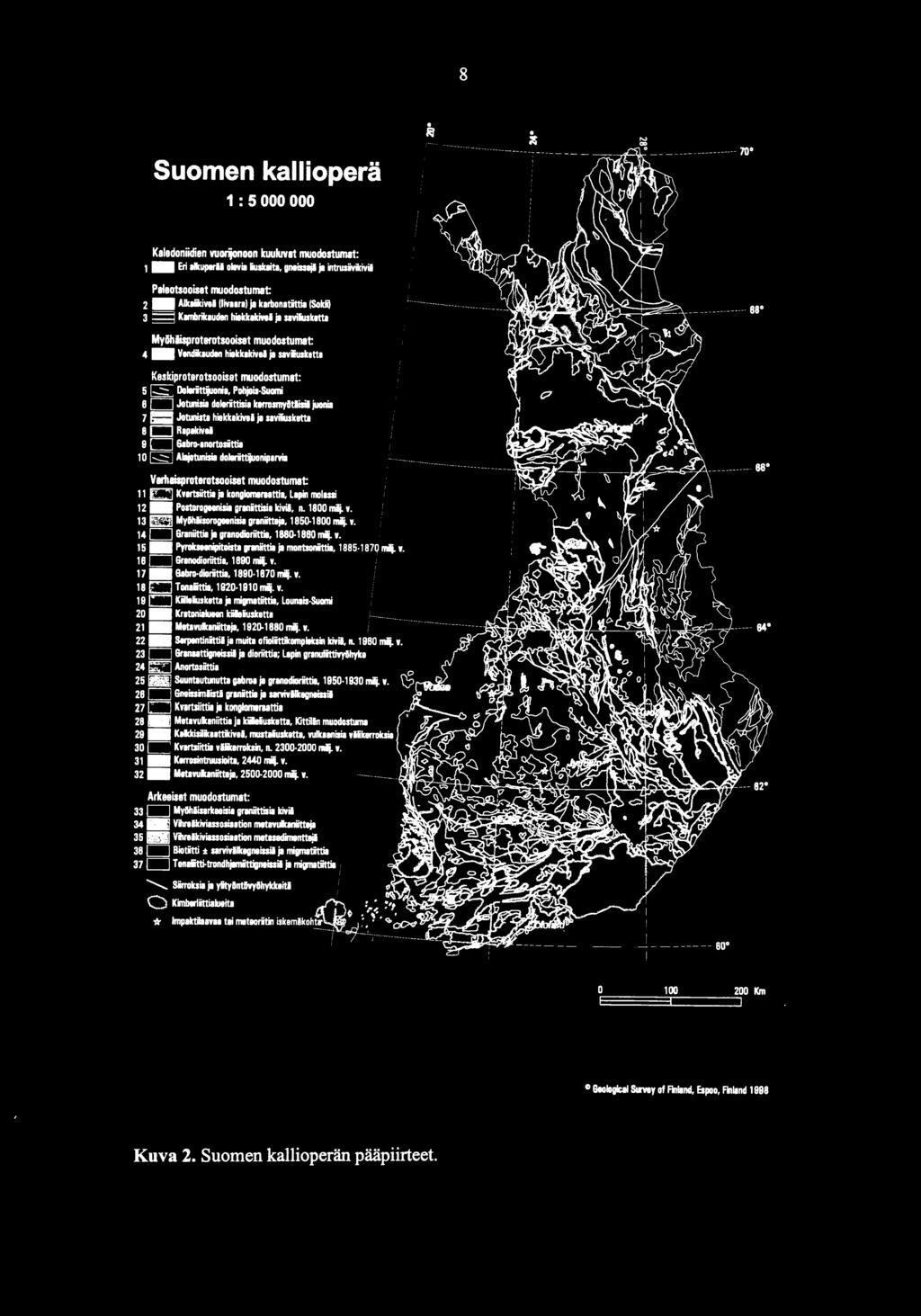 KY1rtsiittia ja konglomaraattia, Lapin molassi 12 Postorogaanisil granittisia kivil, n. 1800 mil v. 13 MyBhlisorogaanisia graniittaja, 1850.1800 nilj. v. 14 Graniittil ja granodioriittia, 1880 1880 mij.