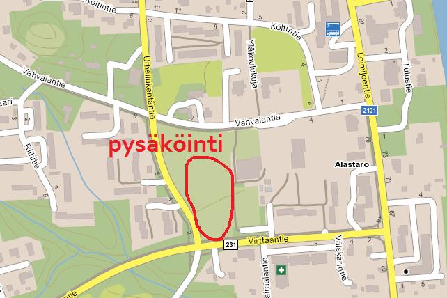 Olemme varanneet paikoitustilaa osoitteessa Virttaantie 5 (kartta: pysäköinti ), Alastaro. Se on yläkoulun pesäpallokenttä. Paikalla on opasteita.