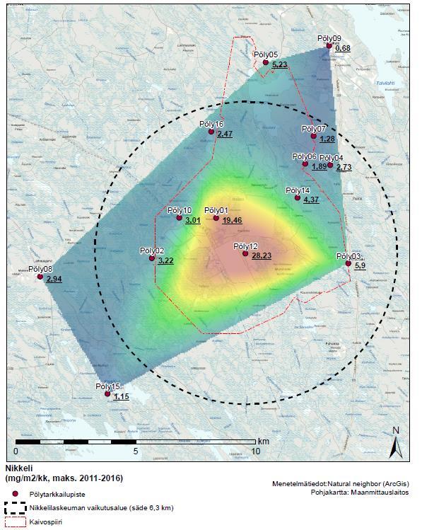 Osa Ix: PÖLYLASKEUMA 23 / 24 Kuva 5-2. Nikkelilaskeuman vaikutusalueen arvioitu laajuus.