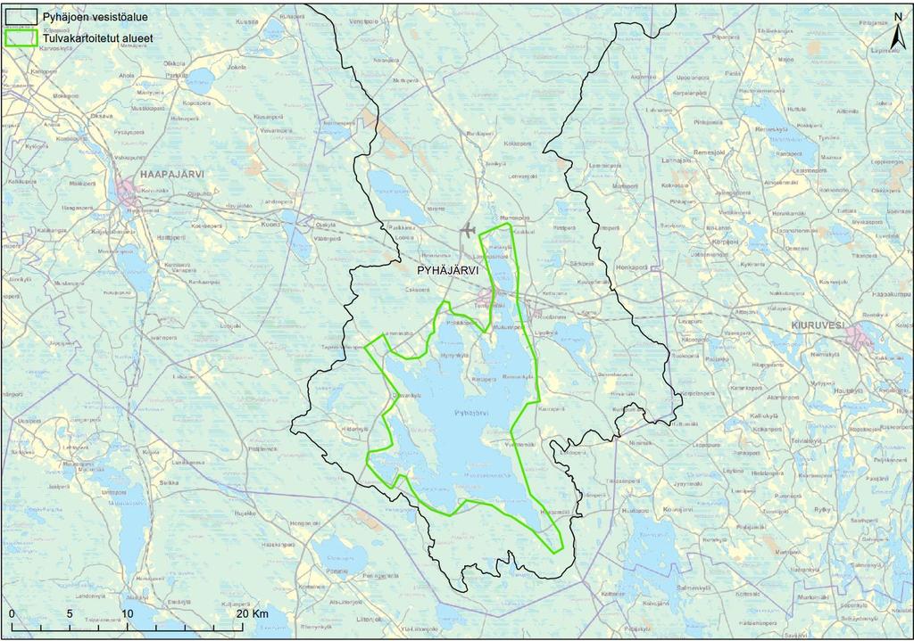 Kuva 6-1. Pyhäjoen tulvakartoitusalueiden rajaukset (Pyhäjoen alaosa, Oulainen, Haapavesi ja Pyhäjoen Pyhäjärvi). Pyhäjoen alaosalla on suuri määrä asuinrakennuksia penkerein suojatuilla alueilla.