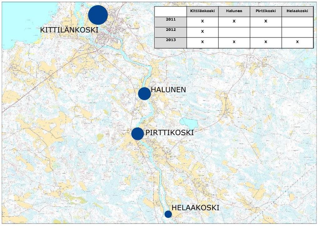 Kuva 8-1. Pyhäjoen jäänsahauskohteet (FCG Suunnittelu ja Tekniikka Oy 2015, Pyhäjoen tulvariskien hallinnan suunnitteluraportti).
