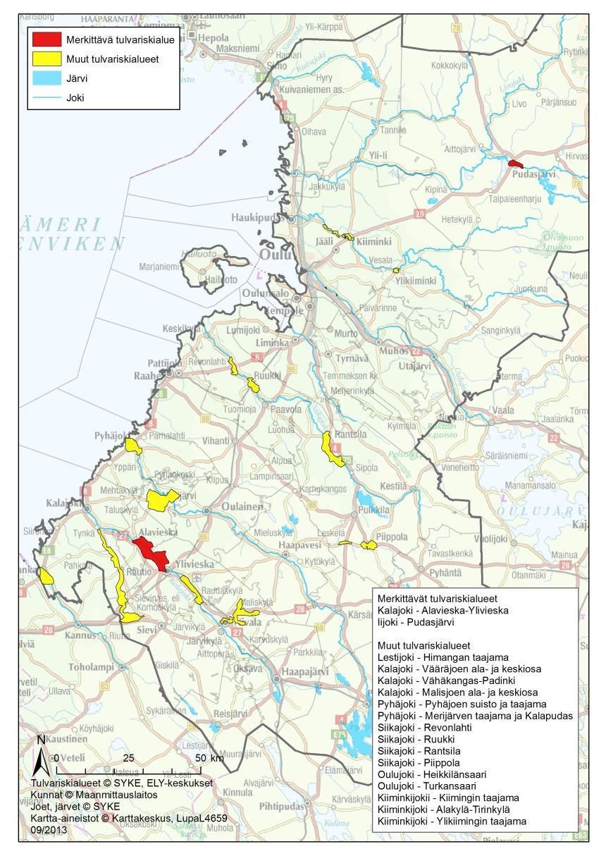 1 Johdanto Maa- ja metsätalousministeriön päätöksellä (20.12.2011) on nimetty 21 valtakunnallisesti merkittävää tulvariskialuetta.